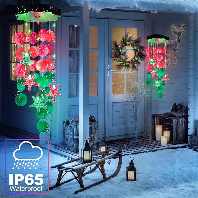 Solar Shell Gift for Mom Grandma Girls, Christmas Red & Green Solar Wind Chimes for Outside,Christmas Decorative Mobile Lights for Garden, Yard, Patio, Window, Party, Outdoor Decorations