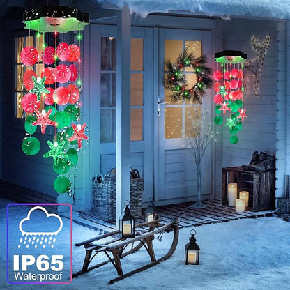 Solar Shell Gift for Mom Grandma Girls, Christmas Red & Green Solar Wind Chimes for Outside,Christmas Decorative Mobile Lights for Garden, Yard, Patio, Window, Party, Outdoor Decorations