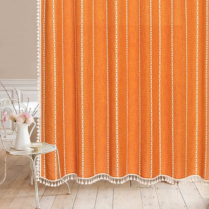 MitoVilla Orange Boho Fabric Shower Curtain, Modern Farmhouse Polyester Linen Shower Curtains for Vintage Rustic Bathroom Decor, Country Tassel Thick Cloth Shower Curtain, 72 x 72