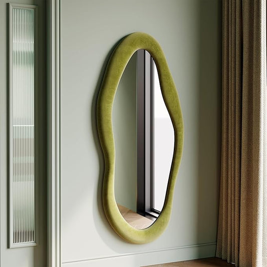 Honyee 55" x 24" Wall Mirror, Flannel Wrapped Wooden Frame Wavy Mirror, Irregular Mirror Hanging for Cloakroom/Bedroom/Living Room, Green