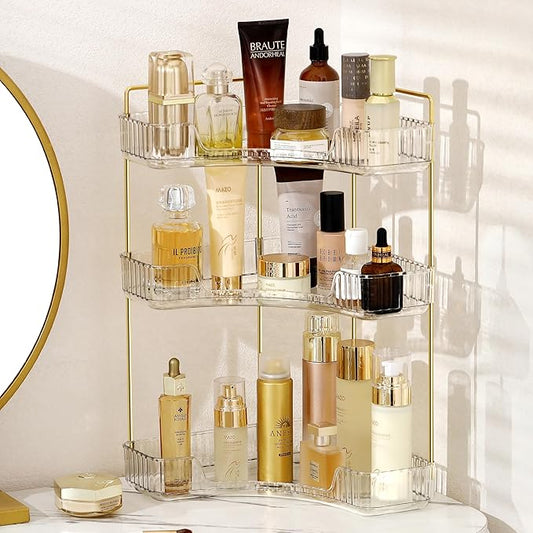 Corner Bathroom Counter Organizer Bathroom Countertop Shelf Makeup Organizer for Vanity Perfume Corner Storage (3 Tiers, White)