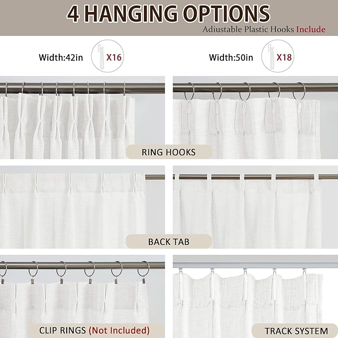 RAIN CITY White Curtains 105 Inches Long 2 Panels Set, Memory Trained Pinch Pleated Semi Sheer Privacy Curtain with Hooks, Back Tab Window Drapes for Living Room Hoom Office 50 x 105 Inch