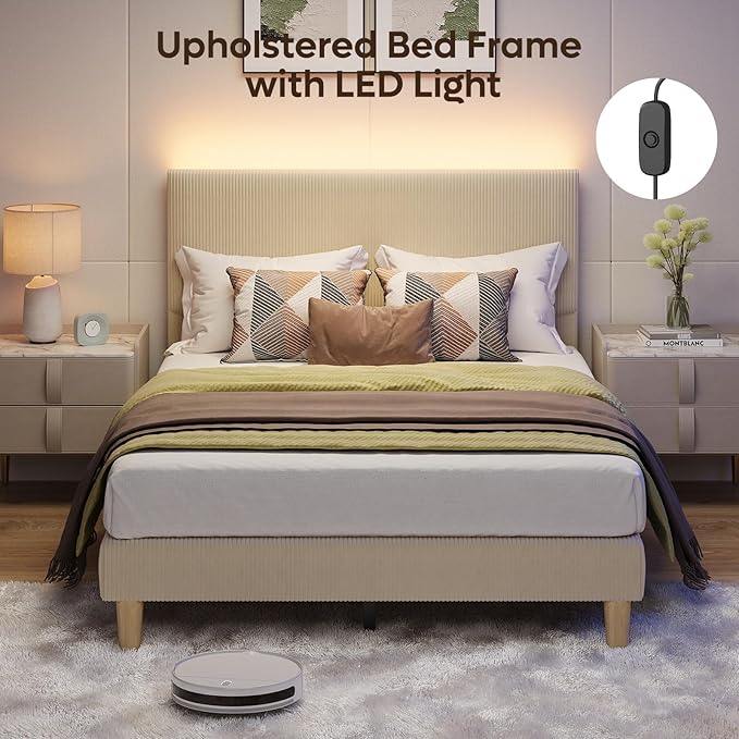 Bestier Full Bed Frame with Adjustable Headboard, LED Lighting, Vertical Channel Tufted Corduroy Upholstered, Solid Wooden Slats Support, No Box Spring Needed, Never Squeaks, Easy Assembly, Taupe