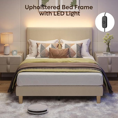 Bestier Full Bed Frame with Adjustable Headboard, LED Lighting, Vertical Channel Tufted Corduroy Upholstered, Solid Wooden Slats Support, No Box Spring Needed, Never Squeaks, Easy Assembly, Taupe