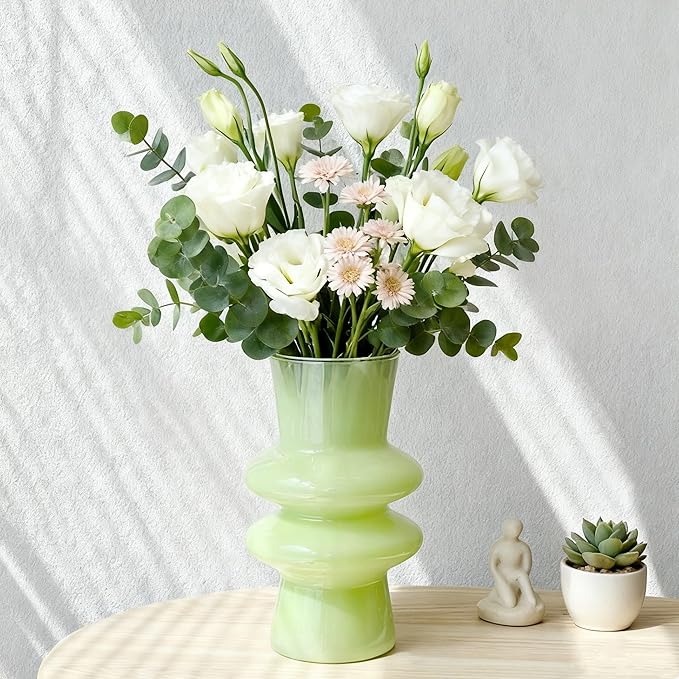 JSPYFITS Glass Vases for Decor, 7.8 Inch Four- Layer Hydroponic Glass Vase Bubble Flower Vases Decorative for Home Décor, Funky Modern Geometric for Living Room/Wedding/Party/Office(Milky Green)