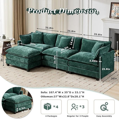 SoarFlash 107.4" Chenille Sectional Sofa, Comfy L Shaped Modular Coush Sofa with Ottoman, Modern 4 Seat Couch Deep Seat Sofa Set for Living Room,Green