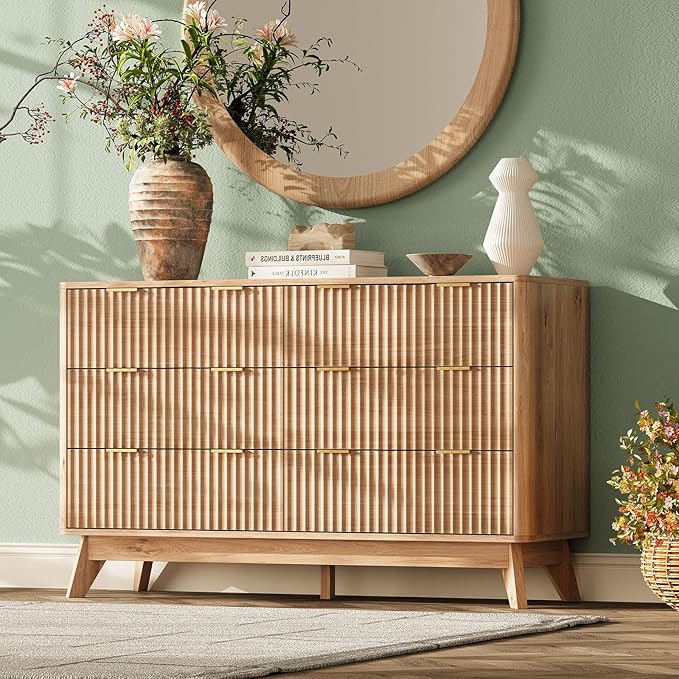 47'' Wide 6 Drawers Dressers for Bedroom, Modern Fluted Chest with Arc Corners, Large Wooden Dresser TV Stand, Wood Closet Clothes Storage Organizer for Living Room, Natural Wood