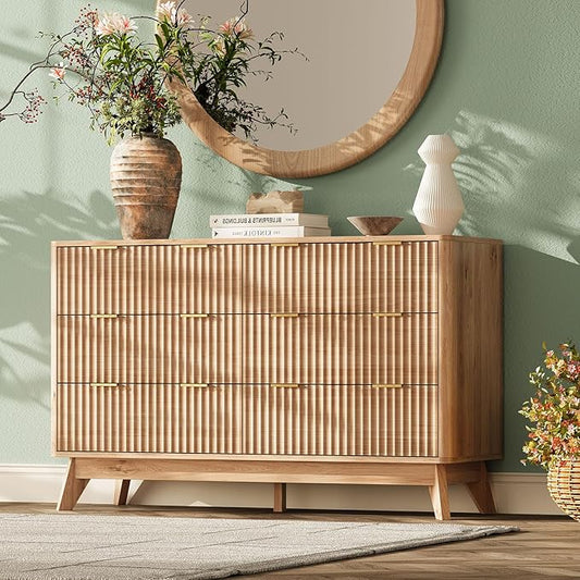 47'' Wide 6 Drawers Dressers for Bedroom, Modern Fluted Chest with Arc Corners, Large Wooden Dresser TV Stand, Wood Closet Clothes Storage Organizer for Living Room, Natural Wood