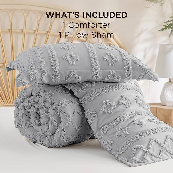Bedsure Tufted Boho Comforter Set Twin Size - Light Grey Boho Bed Set, GentleSoft™ 2 Pieces Farmhouse Shabby Chic Embroidery Bedding, Gifts for Woman, Soft Jacquard Twin Comforter for All Seasons