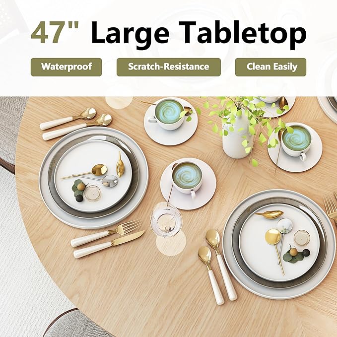 47 inch Round Dining Table for 4, Kitchen Table Dinner Table with 2-Layer Storage Shelf and Wood Slide Door for Home Dining Room Living Room (Natural)