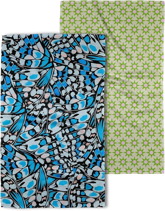 GEOMETRY Kitchen Towels Quick Dry Microfiber Premium Towel Flutter Bloom 2 Pack Set 18x30