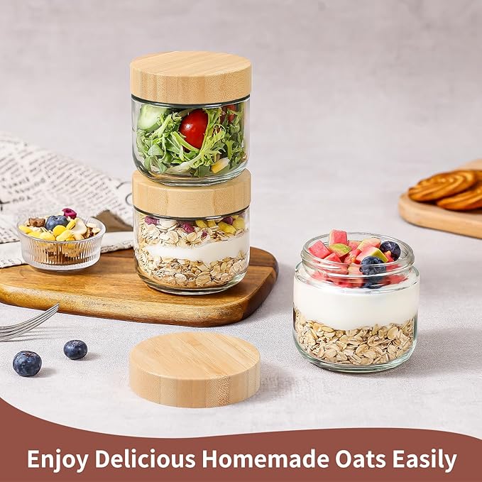 DRKIO 10 Oz Overnight Oats Containers with Bamboo Lids - 4 Pack Glass Storage Jars with Airtight Lids Wide Mouth Mason Food Jars Great for Meal Prep Salad Chia Pudding Snacks Yogurt Sugar Spice