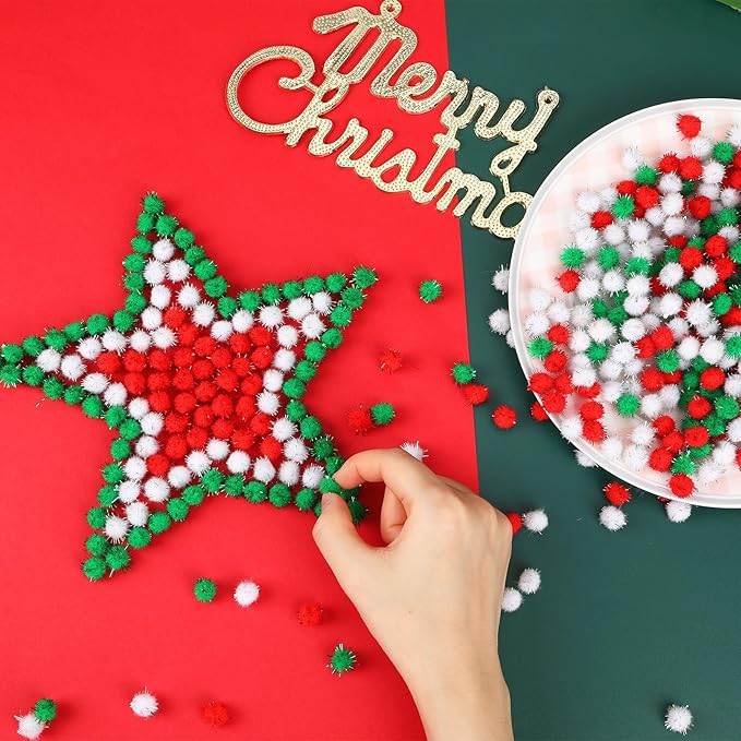 SEPGLITTER Christmas Pom Poms Balls, 1000 Pieces Red Green White Glitter Pompoms Pom Poms for Crafts Making DIY Holiday Christmas Decorations Supplies (3 Colors, 1 cm )