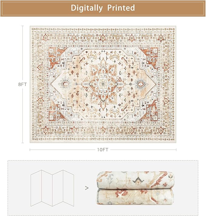 Washable Rugs 8x10 Area Rugs for Living Room,Rugs for Bedroom,Large Carpets,Ultra Soft Faux Wool Retro Dining Room Rug,Non Slip&Non-Shedding Low Pile Vintage Print Rug for Home Office,Orange