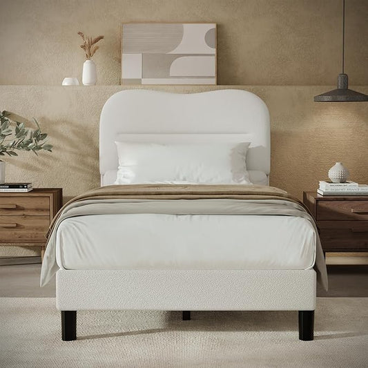 Twin Bed Frames with Headboard, Upholstered Bed Frame Twin, Teddy Soft Boucle Fabric Twin Size bedframes, Soft Cloud Marshmallow Shape Upholstered Headboard, No Box Spring Needed, Noise Free (White)