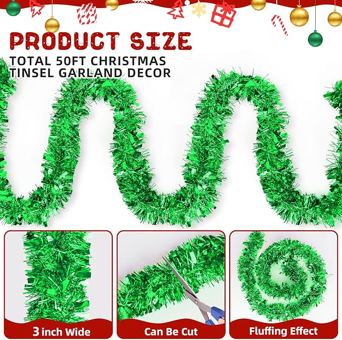 50FT Green Christmas Tinsel Garland - Metallic Tinsel Glitter Twist Garland Hanging Streamers for Indoor Decor, Xmas Tree Garlands Decorations
