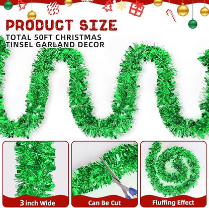 50FT Green Christmas Tinsel Garland - Metallic Tinsel Glitter Twist Garland Hanging Streamers for Indoor Decor, Xmas Tree Garlands Decorations