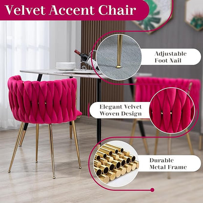 Golden Round Dining Table Set for 4, 39'' Clear Glass Top Dinner Table Set, 5 Piece Modern Luxury Circle Kitchen Table and Rose Red Woven Chairs Set, Small Circular Dinette Set, for Apartment