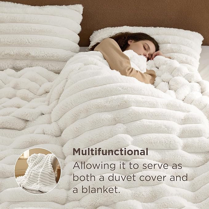 Bedsure Faux Fur Duvet Cover Queen Size - White Fluffy Duvet Cover Set, Soft and Cozy Shaggy Bedding Comforter Cover, Winter Warm Luxury Fuzzy Bed Set 3 Pieces, 1 Queen Duvet Cover and 2 Pillowcases