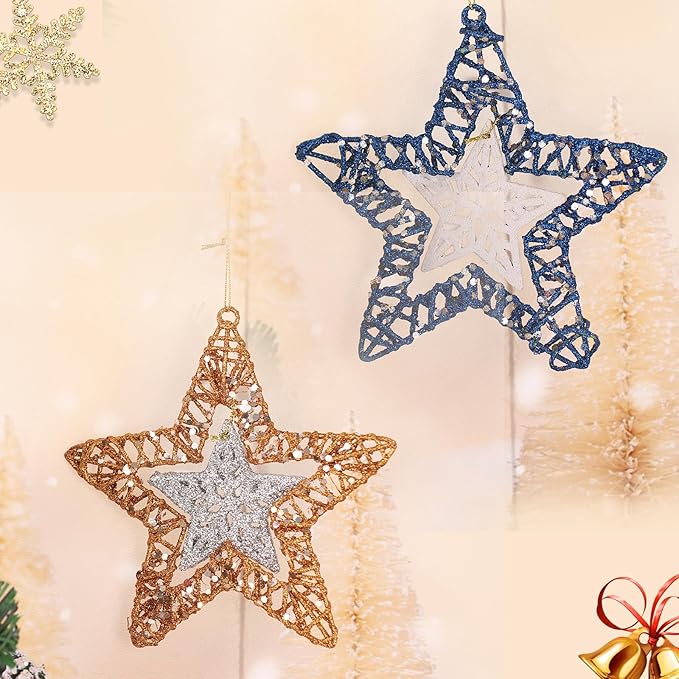 Set of 4 Hanging Star Christmas Ornaments, Glitter Star for Holiday Decorations, Winter Christmas Window Hanging Decor, 6" Diameter (Gold and Blue)