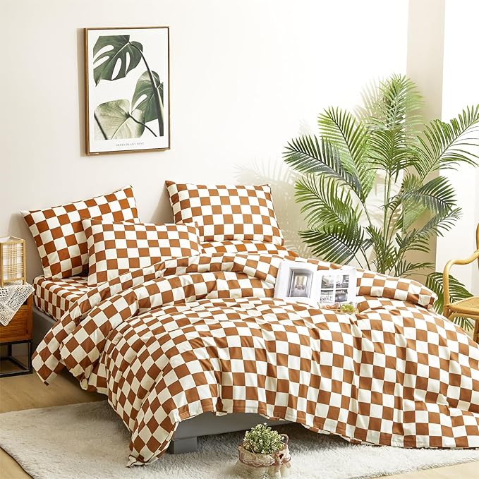 CLOTHKNOW Plaid California King Comforter Set Brown Beige Bedding Comforter Sets Soft All Season Checker Caramel Comforter with 2 x Pillow Cases