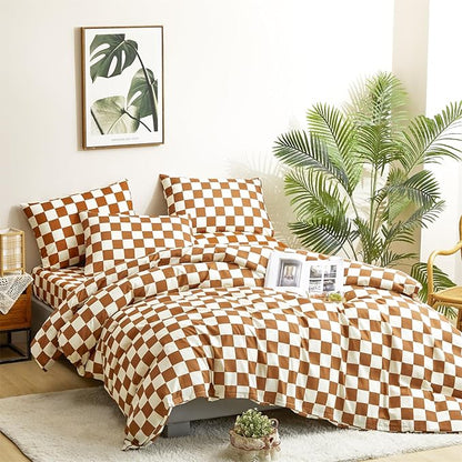 CLOTHKNOW Brown Beige Plaid Comforter Sets Full 3Pcs Grid Bedding Comforter Sets All Season Checker Comforter Soft Brown Comforter with 2 x Pillow Cases