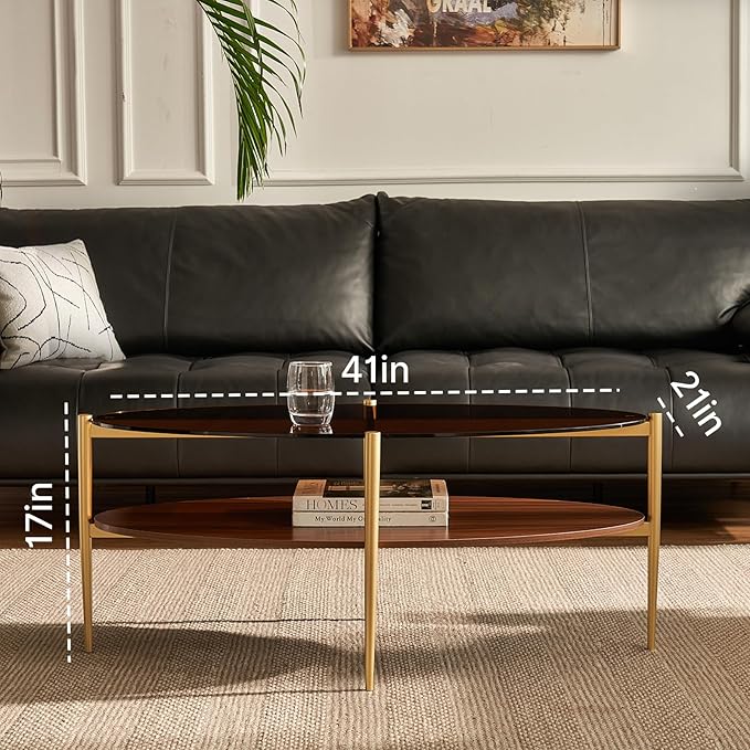 Saint Mossi Olive Glass Coffee Table for Living Room, Mid Century Modern Center Table, Surfboard Brown Glass & Coffee Brown MDF Bottom Shelf, L41xW21xH17, Gold Table Legs