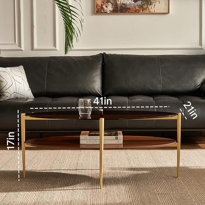 Saint Mossi Olive Glass Coffee Table for Living Room, Mid Century Modern Center Table, Surfboard Brown Glass & Coffee Brown MDF Bottom Shelf, L41xW21xH17, Gold Table Legs