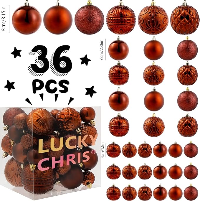 Christmas Ball Ornaments Brown Christmas Tree Decorations with Hang Rope-36pcs Shatterproof Christmas Ornaments Set with 6 Styles in 3 Sizes(Small Medium Large)