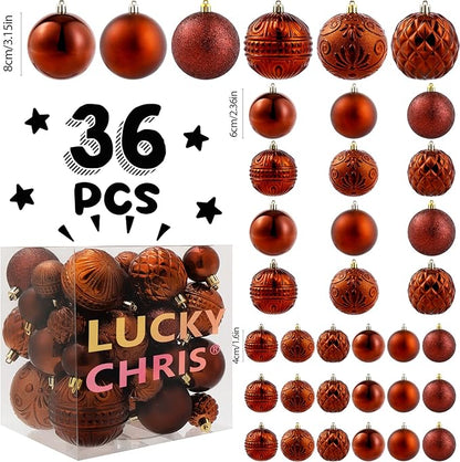 Christmas Ball Ornaments Brown Christmas Tree Decorations with Hang Rope-36pcs Shatterproof Christmas Ornaments Set with 6 Styles in 3 Sizes(Small Medium Large)
