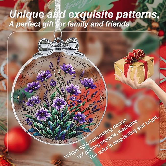 Bauhinia & Violets Stained Glass Ornament - Hanging Ornaments for Christmas Tree, Christmas Ornaments Xmas Decorations, Holiday Keepsake Present Exchange Ideas