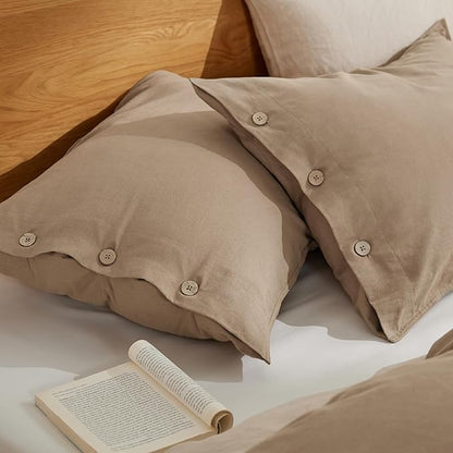 Bedsure Linen Duvet Cover Queen - Linen Cotton Blend Bedding Set, Soft & Cozy, 3 Pieces, 1 Duvet Cover 90x90 Inches and 2 Pillowcases, Brown Color Cooling Bedding, Comforter Sold Separately