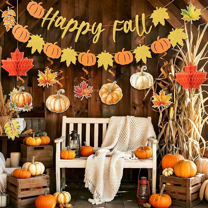 Happy Fall Party Decorations, with Pre-strung Pumpkin Banners and Hanging Swirls, Thanksgiving Hanging Decorations, Autumn Pumpkin Decorations for Home Indoor Fall Thanksgiving Party