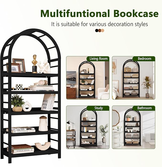 5-Tier Solid Wood Open Bookcase, Modern Arched Bookshelf, Home Office Shelf Storage Organizer, Storage Display Rack Shelf for Living Room (Black)