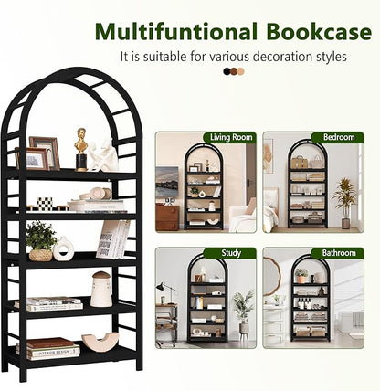 5-Tier Solid Wood Open Bookcase, Modern Arched Bookshelf, Home Office Shelf Storage Organizer, Storage Display Rack Shelf for Living Room (Black)