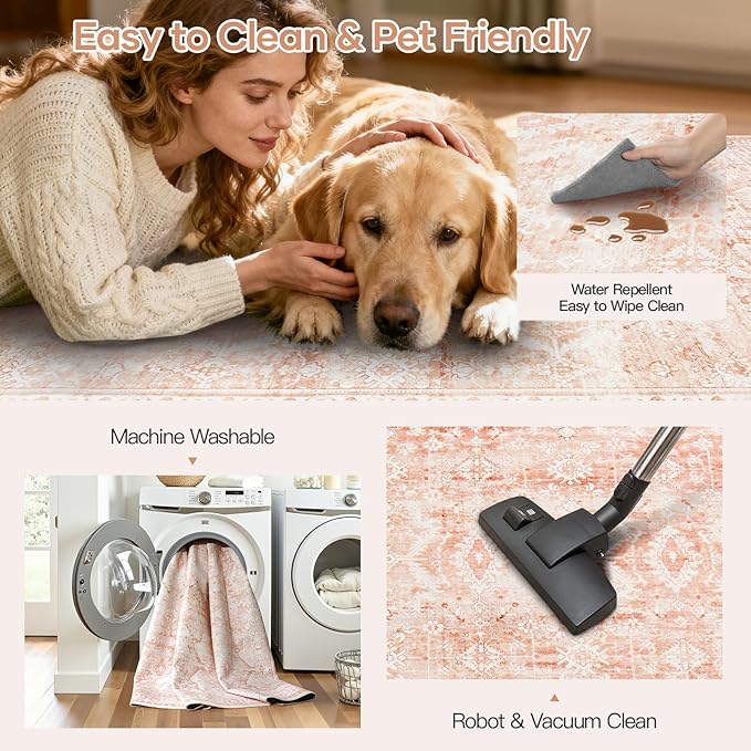 Lofus 8x10 Area Rug for Living Room,Pink Washable Area Rugs with Non-Slip Backing,Soft Boho Carpets for Bedroom Dining Room Home Office Indoor Nursery