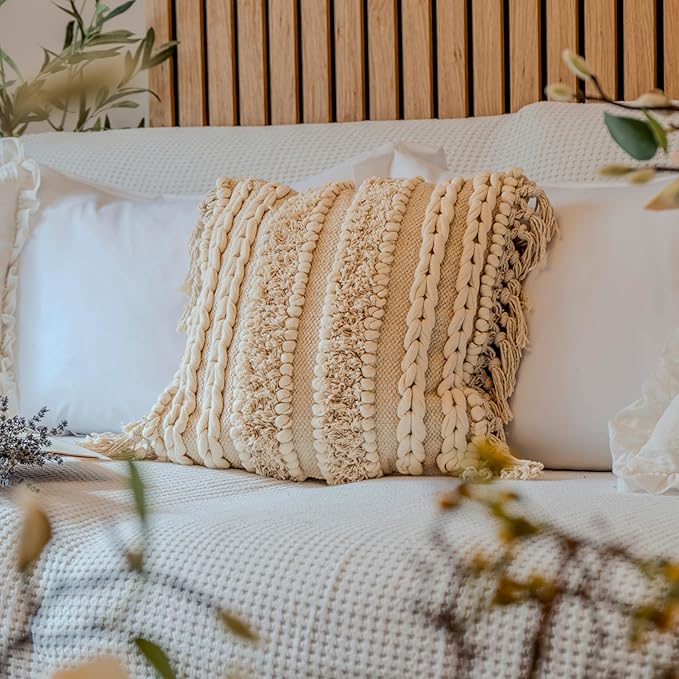 Decorative Boho-Chic Square Pillow Cover 18x18 Handwoven Tufted Braided Cotton Accent Pillows, Neutral Throw Cushion for Couch, or Bed, Farmhouse & Bohemian Home Decor, Trendy USA Design