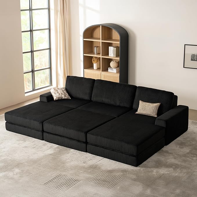 120.47‘’ Boneless Couch Cloud Modular Sectional Couches for Living Room, Oversize L-Shape Sofa with Deep Seat, Plush Corduroy 3-Seater with 3-Ottoman, No Assembly Required
