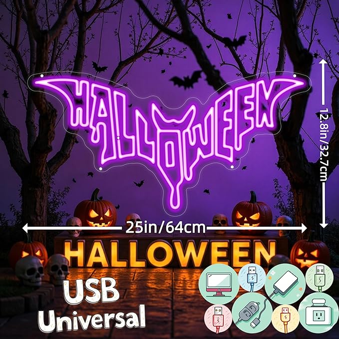 Halloween Bat Shaped Neon Sign Spooky Red LED Wall Decor For Haunted House Party Gothic Bar Room Glowing Halloween Decoration Outdoor Use Bedroom Home Decor Bar LED Decoration Light-Purple