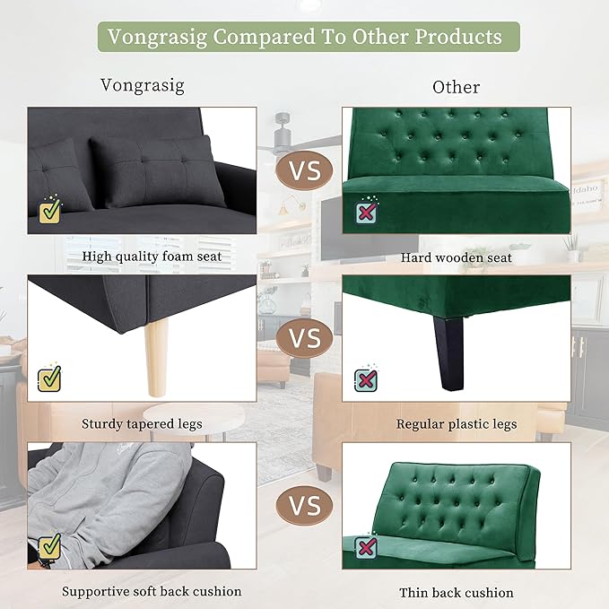 Vongrasig Small Modern Loveseat Sofa 47" Mid Century Linen 2 Seat Couch Tufted LoveSeat, Black