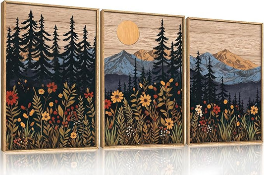 HOURIA Natural Mountain Floral Framed Canvas Wall Art,Modern Sunrise Forest Wall Decor,Boho Wildflower Woodland Landscape Artwork,Wilderness Pine Tree Field Art Print for Living Room,Office-16 x24 x3