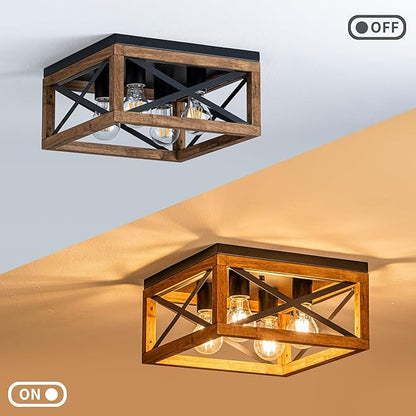 Farmhouse Ceiling Light, 4-Light Flush Mount Ceiling Light with Black Metal and Wood, Rustic Light Fixture for Hallway, Entryway, Kitchen