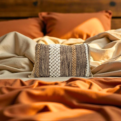 Decorative Boho-Chic Lumbar Pillow Cover 12x20 Premium Handwoven Tufted Cotton &Wool Accent Pillows, Earthy Color Throw Cushion, Farmhouse & Bohemian Home Decor (Limited Edition Cover Only)
