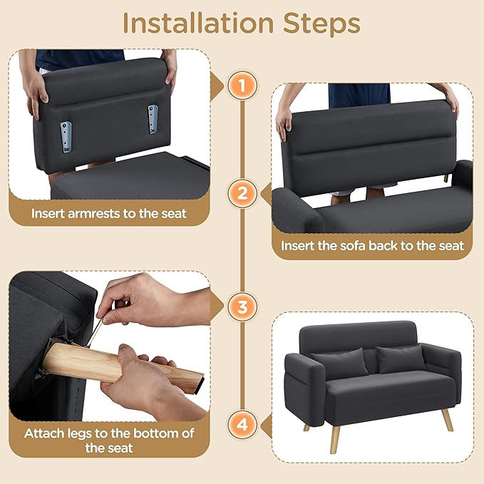 Yaheetech 46" Small Modern Fabric Loveseat Mid Century 2 Seater Sofa with Lumbar Pillows Solid Wood Legs, Dark Gray