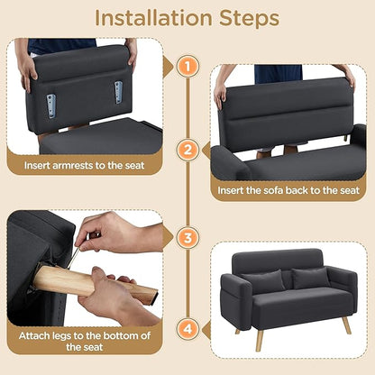 Yaheetech 46" Small Modern Fabric Loveseat Mid Century 2 Seater Sofa with Lumbar Pillows Solid Wood Legs, Dark Gray