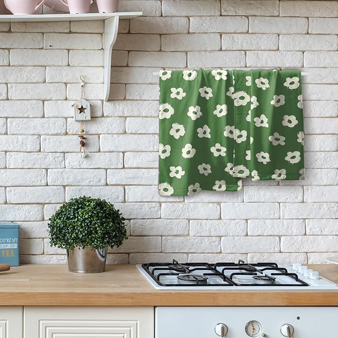Modern Style Kitchen Towels Set of 2 Green Floral Quick Dry Microfiber Hand Towels