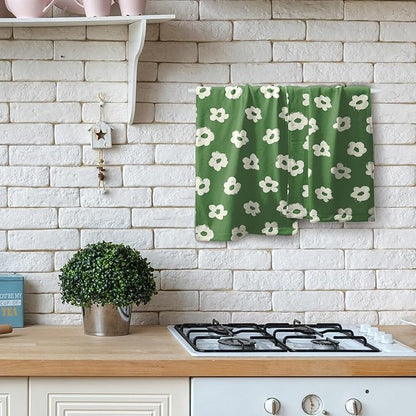 Modern Style Kitchen Towels Set of 2 Green Floral Quick Dry Microfiber Hand Towels