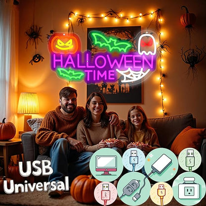 Halloween Time Neon Sign Ghost Decor Sign Spooky Neon Sign, Halloween Hanging Neon Light for Bat Pumpkin Neon Light for Bar Man Cave Horror Party Game Room Man Cave Horror Party Game Room