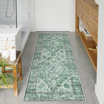 Uphome Bathroom Runner, Distressed Tribal Farmhouse Green Bathroom Mat, Large Bathroom Rugs Non Slip Washable, Oriental Retro Boho Bath Mat Runner for Bathtub Sink Laundry, 24x59 inch