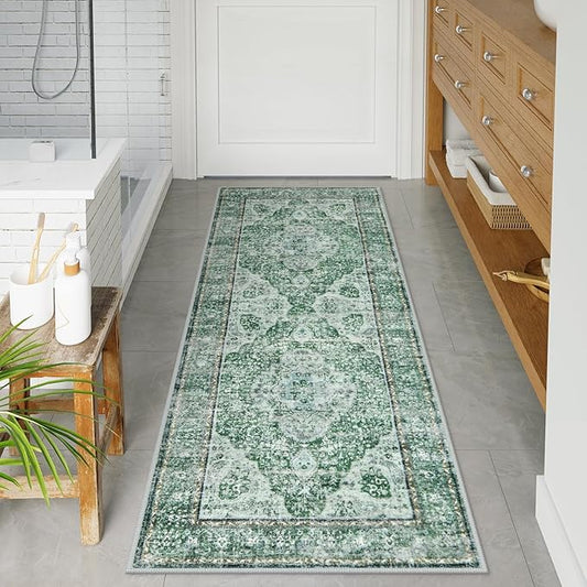 Uphome Bathroom Runner, Distressed Tribal Farmhouse Green Bathroom Mat, Large Bathroom Rugs Non Slip Washable, Oriental Retro Boho Bath Mat Runner for Bathtub Sink Laundry, 24x59 inch